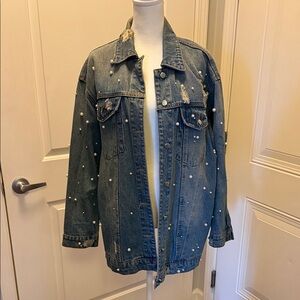 Honey Punch Distressed Blue Denim Jacket with Pearl Details